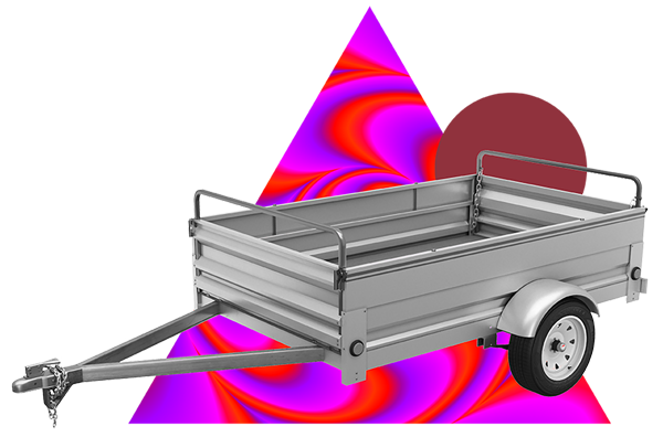A gray trailer in front of a pink and purple triangle and red circle
