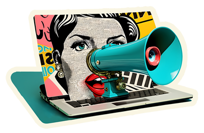 A teal megaphone emerging from a laptop screen, which displays a pop-art style image of a woman’s face