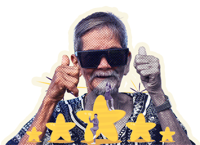 An old man with a beard wearing sunglasses and holding two thumbs up