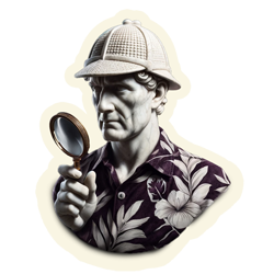 A white marble statue wearing a Hawaiian shirt and holding a magnifying glass