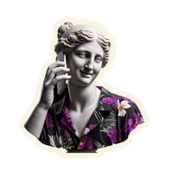 A white marble statue wearing a Hawaiian shirt and calling retailer support